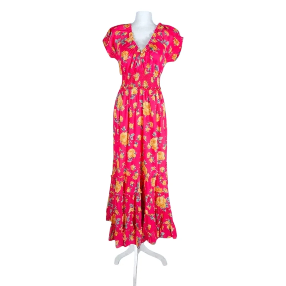 NEW Betsey Johnson Reddish Pink Color with Yellow Rose Print Maxi Dress size L - Picture 2 of 14